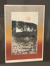 90s Cornish Etching Jenny Croxford Large Winter Trees Signed Framed Oranges Reds