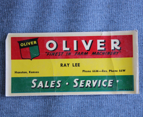 dated 1946 OLIVER SALES - SERVICE Old Hanston KS Unused Decal Sign