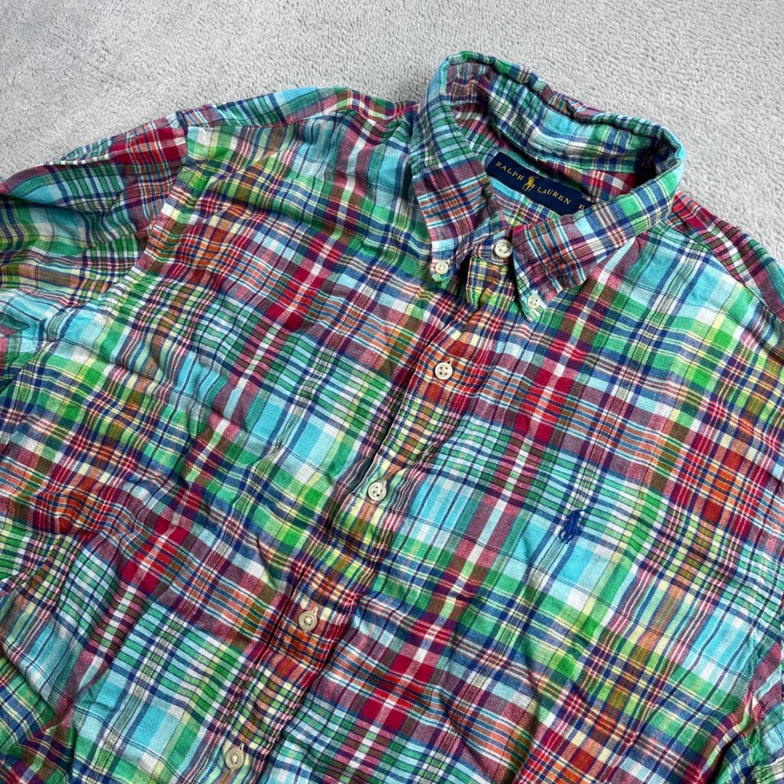 Ralph Lauren Mens XL Linen Plaid Short Sleeve Button Down Shirt Multicolor