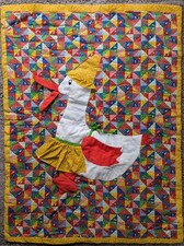 Vtg Handmade Baby Quilt Mother Goose Applique 70s Hippy Patchwork Print Retro