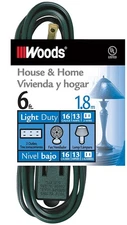 Light Duty Extension Cord 6ft 16 Gauge SPT-2, House Home Power Strip Green