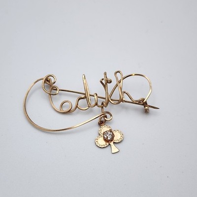 Vtg Cursive Name Edith Gold Tone Wire Pin Brooch 2.75'' Clover Dangle Charm 2''