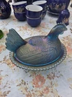 VTG RARE Indiana Glass Bicentennial Blue 7” Hen On A Nest  Carnival Candy Dish