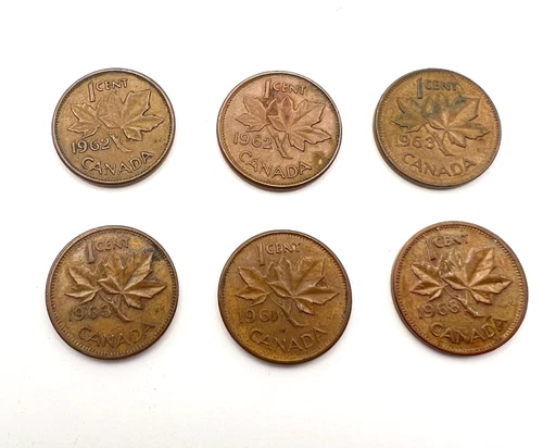 VINTAGE LOT OF 6 1960s CANADA 1 CENT COINS, 1961, 1962, 1963, 1968
