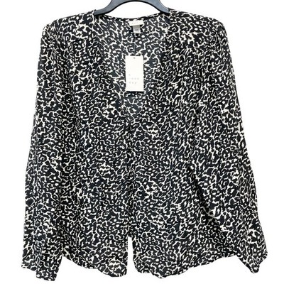 A New Day Women's Black White Leopard Print V Neck Long Sleeve Blouse Size XXL