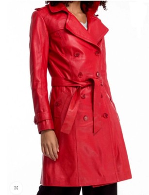Handmade Red Party Wear Stylish Designer Fit Women Lambskin Leather Trench Coat