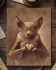 Vintage Victorian Bat Holding Heart Gothic Love Valentine Card Blank Inside