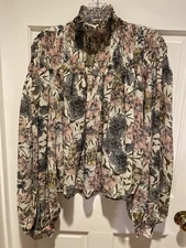 Floral Blouse Long Button Sleeves Size L Smocked High Neck Victorian FATE by LFD