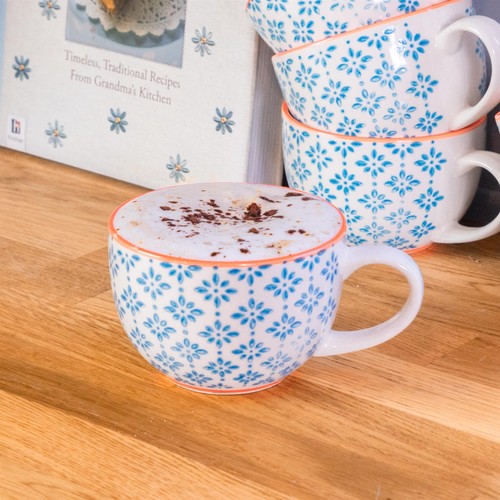 Hand Printed Cappuccino Cup Set Porcelain Coffee Teacups Blue 250ml - Picture 5 of 7