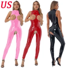 Womens PVC Leather Full Bodysuit Crotchless Catsuit Open Cup Jumpsuit Leotards