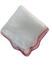 Vintage Solid White Cotton Hankie with Lovely White  Dark Pink Crochet H482