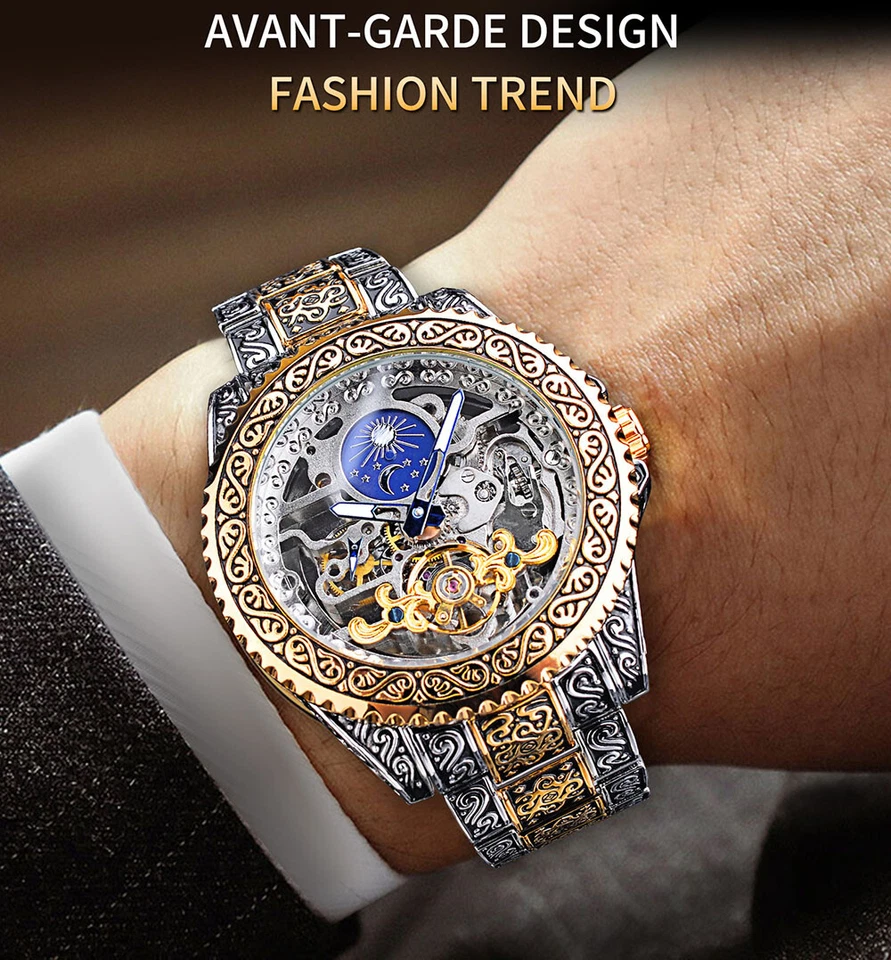 Relojes mecánicos Forsining de lujo tallados tourbillon fase lunar esqueleto para hombre Foto 4 de 4