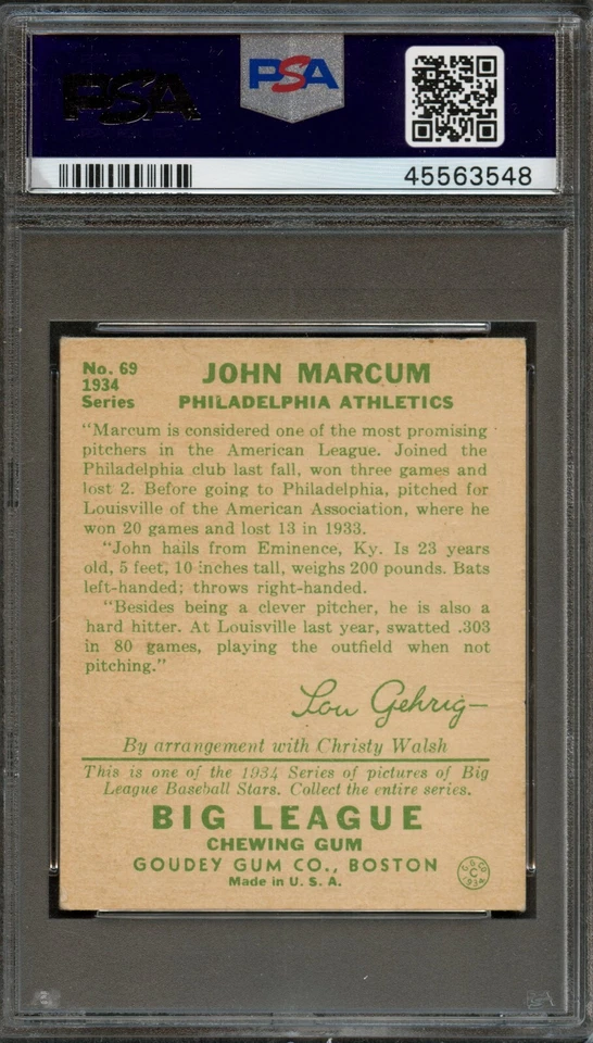 BB - 1934 Goudey - #69 - John Marcum - PSA 4 - VG-EX - Image 2 of 2