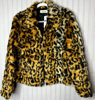 TANLIN Womens JACKET M Faux Brown Black Animal Print Fur Lined Designer NEW