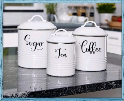 3er Set Küchen Vorratsdosen - Tee Kaffee Zucker - weiß - Metall - luftdicht
