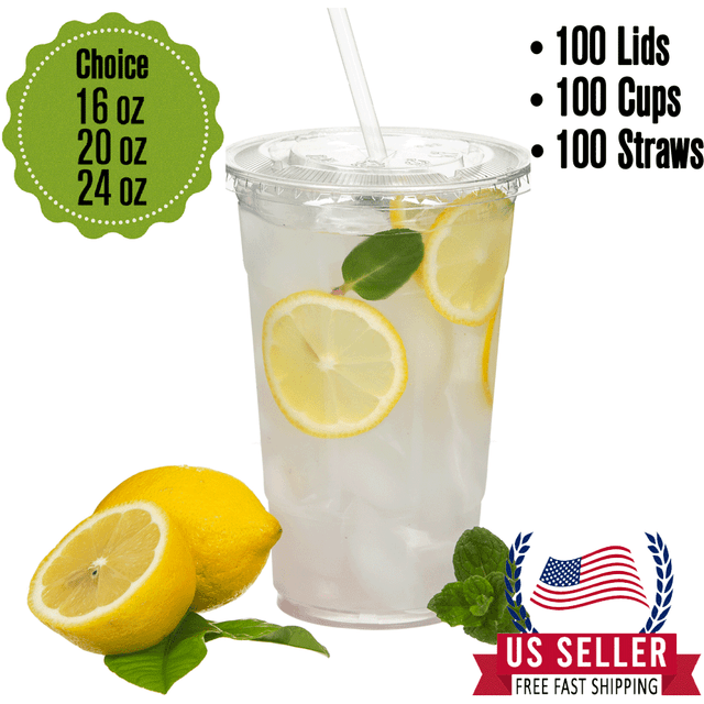Clear Plastic Cups with Flat Lids and Straws 100,200,500,1000 Count 16 Oz