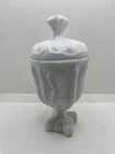 Vintage MCM Milk Glass Pedestal Lidded Compote Candy Dish Viking? Slag 8"H