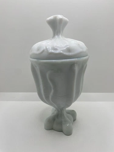 Vintage MCM Milk Glass Pedestal Lidded Compote Candy Dish Viking? Slag 8"H