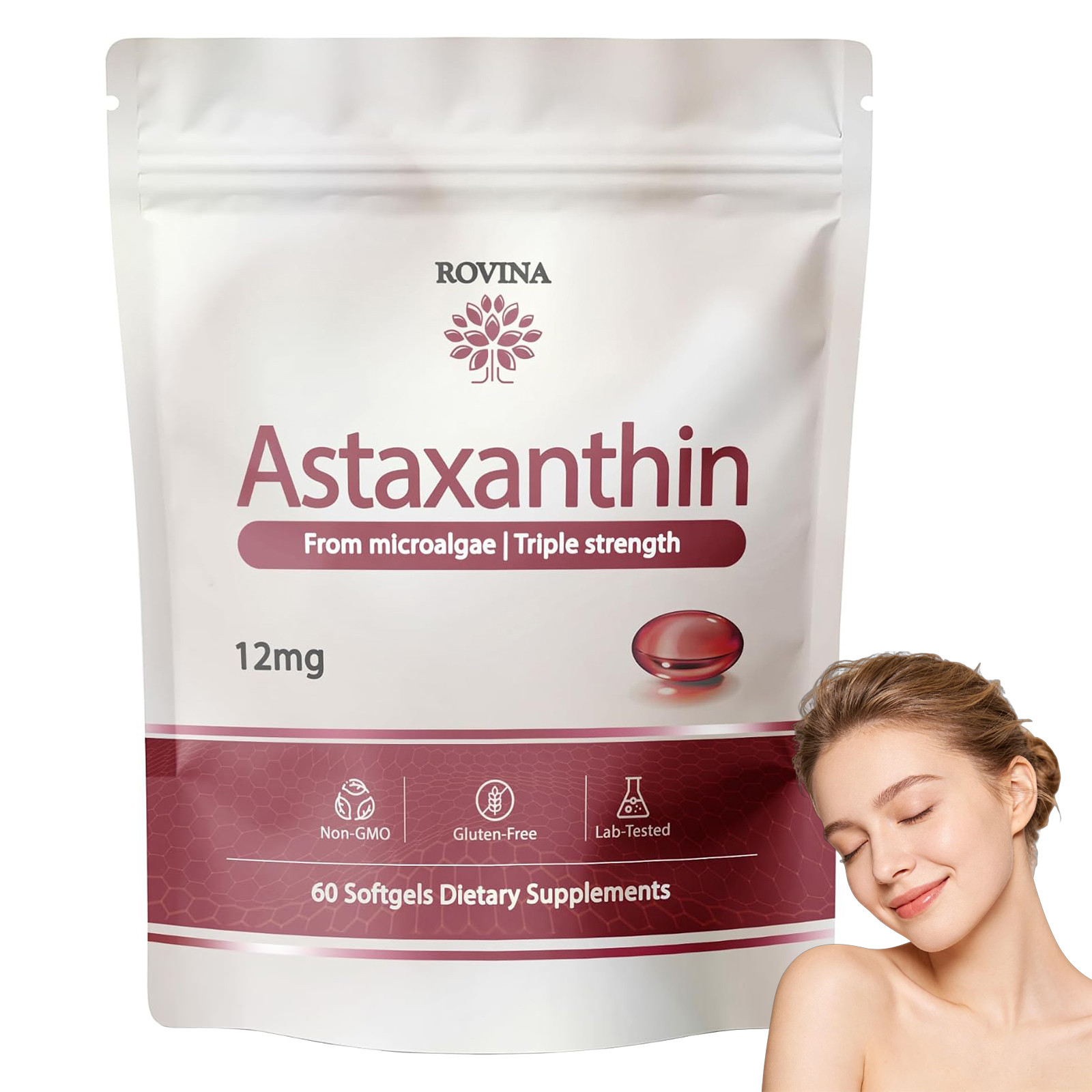 Rovina Astaxanthin 12mg Softgels Natural Antioxidant Wellness Supplement, Pure