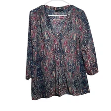 ANA Blouse Women's Large Colorful V-Neck 3/4 Sleeve Career Shirt Top Casual