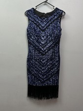 Fiesta Fashion Dress Womens Medium Black Blue Sequin Fringe Flapper Party USA