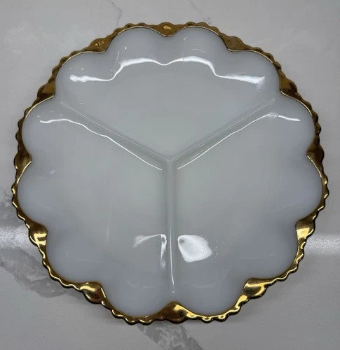 Vintage Anchor Hocking Fire-King Milk Glass Divided Relish Tray Gold Trim