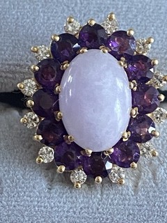 ESTATE FIND LADIES 14 K DIAMOND LAVENDER JADE AMETHYST CLUSTER RING VINTAGE