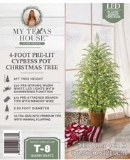 My Texas House 4FT Pre-Lit Cypress Pot Artificial Christmas Tree 4 Foot NEW