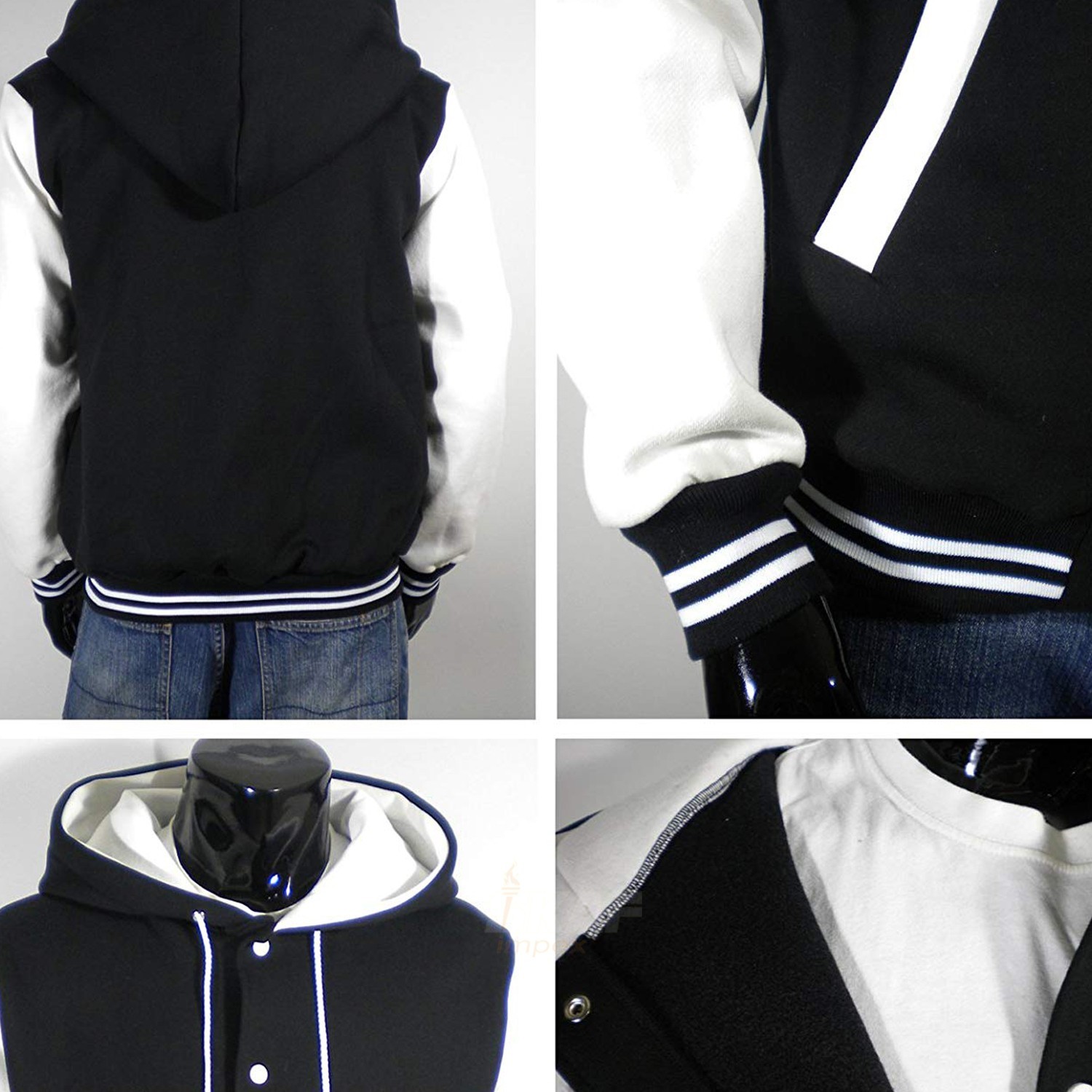 Men Hood Baseball Varsity Jacket Hoodie Cotton Fleece Black and White, Letterman