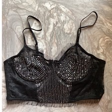 Wild Fable Black Lace Sequin Bustier Crop Top Underwire Straps Small
