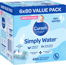 Curash Simply Water Baby Wipes, 6X80 Pack, Thick and Soft Texture, 99% Water wit