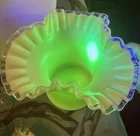 Vtg Fenton Custard Glass Silver Crest Hat Vase with Uranium Glow 5”