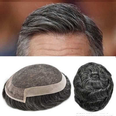 French Lace Front Mens Toupee Human Hair Replacement System Poly Skin Hairpiece