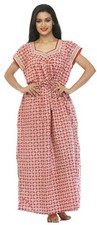 Womens Cotton Nightie Print Red Nightgown Slipon Belt on Waist Nightdress L-52"