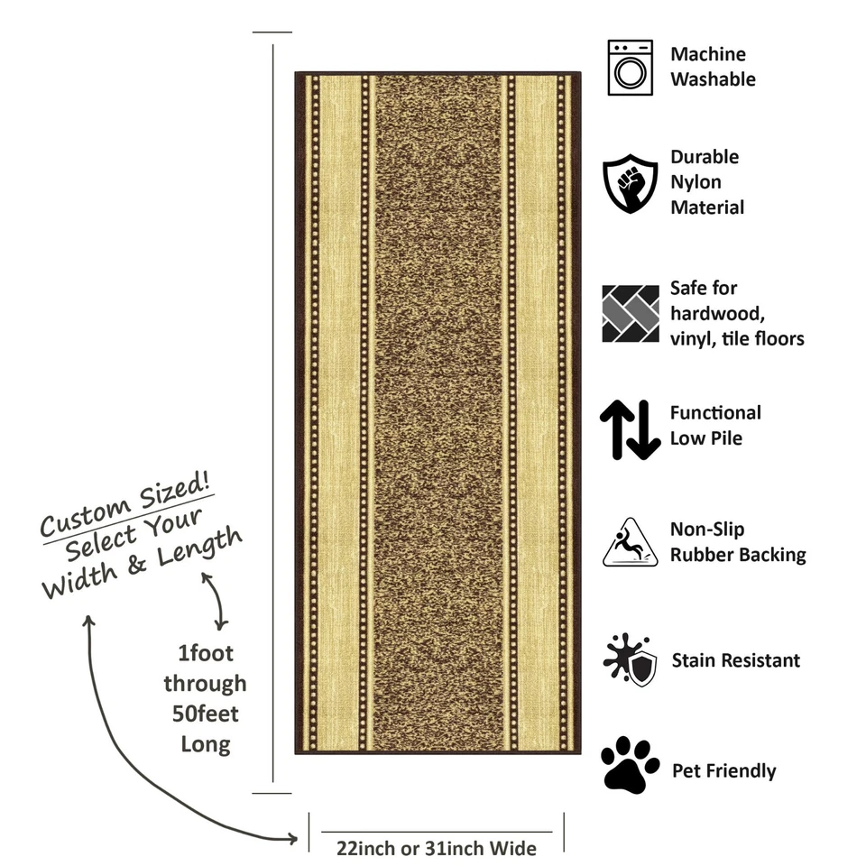 Custom Size Stair Hallway Runner Rug Non Slip Rubber Back Brown & Beige Border - Image 3 of 4