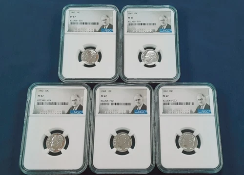 5 1962 NGC PF67 90% PROOF SILVER ROOSEVELT DIMES 10C Portrait Label!   E660