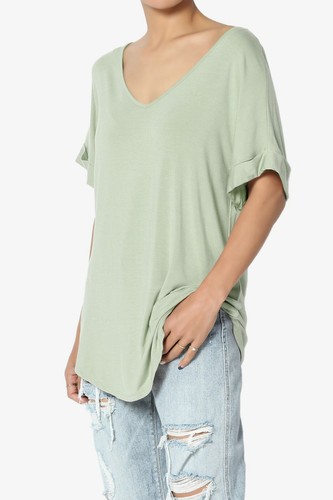 TheMogan S~3X Wide V-Neck Cuffed Short Sleeve Curved Hem Luxe Jersey Top - Picture 161 of 212