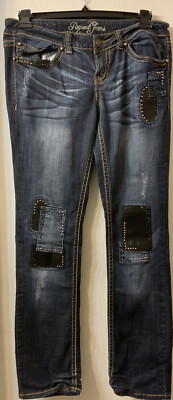 Request Jeans Women s Patchwork Dark Denim Size 13 Inseam 32 Straight Leg Jean