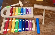 Hape Children's Instruments 2 Xylophones w/Mallets  2 Tone T Shape Wood Block