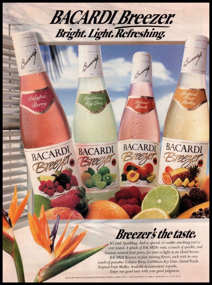 1990 Bacardi Breezer Rum Cooler Vintage Print Ad Summer Beach