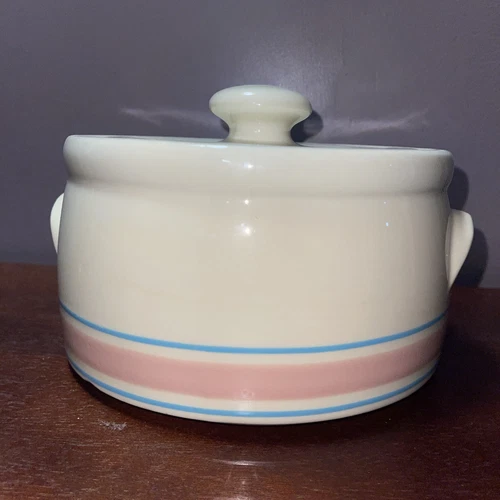 1970's Pink Blue Stripe 8" Wide McCoy Bean Crock Pot Covered Casserole #1421 USA