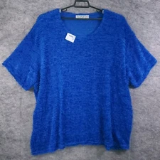 Erica Brooke Top Womens 34 Plus Blue Fuzzy Knit Pullover Short Sleeve Stretch