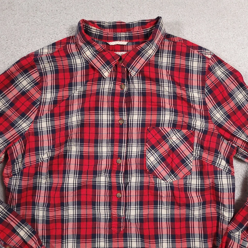 Merona Henley Shirt Women's Large Red Plaid Long Sleeve Collared Pocket Button - Image 3 of 4