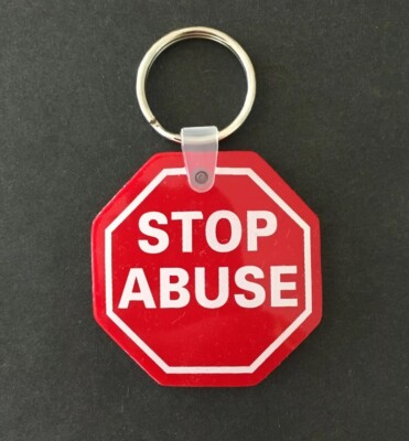 Vintage Keychain STOP ABUSE   Sign Key Fob Ring UNION DEPT HUMAN SERVICES USA