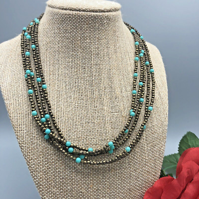 Signed Premier Designs Dark Gold Tone & Blue Seed Beaded  Necklace 5 Strands 18''