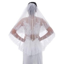 Women's Sequins Edge Bride Wedding Veil Fingertip Length Two-Tier/2T Lace Bri...