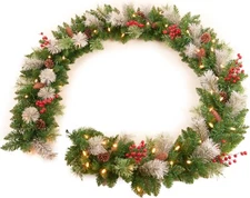 9FT Christmas Garland Prelit with 50 Lights Pine Cone and Snow Flocked Xmas plug