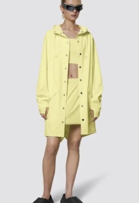 RAINS Large Unisex Straw Yellow Long Waterproof Rain Jacket Snap Front NWT Wind