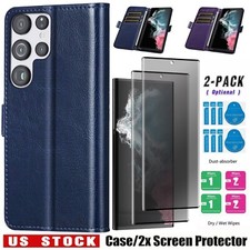 For Samsung Galaxy S22 Ultra Case Leather Wallet Cover Privacy Screen Protector