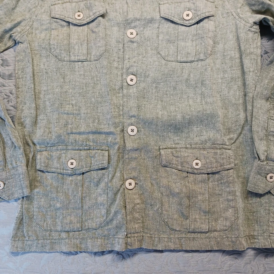 Onia 100% Lino Tareas Chaqueta Para Hombres M Verde Abotonada Chaqueta Sobrecamisa Foto 2 de 4
